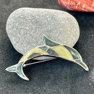 Sterling Silver &. Lamp Glass Dolphin broach Vintage
